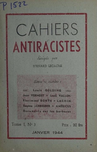 Cahiers Anti-Racistes Vol.1 N°3 (Janv. 1944)